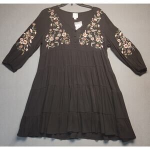Francescas Blue Rain Black Embroidered Mini Dress Size Medium Boho Tiered‎ Flowy